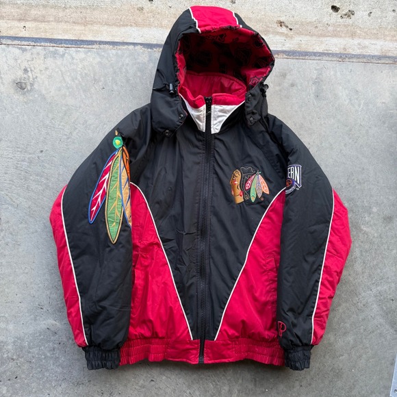 Pro Player Other - Vintage Pro Player Chicago Blackhawks NHL Puffer Jacket Hooded Red Black Mens M
